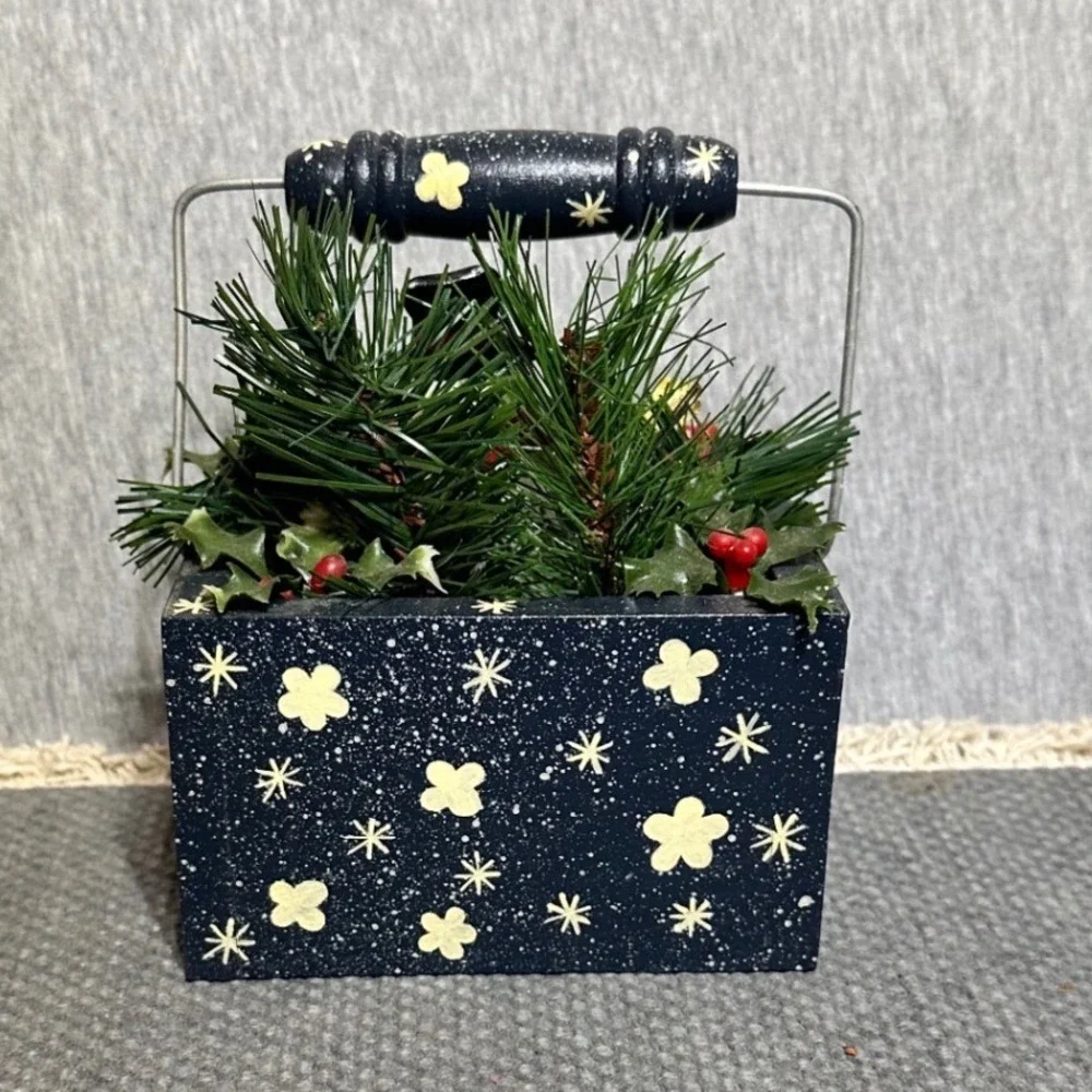 VTG Christmas Holiday Snowman Wooden Basket Centerpiece Navy Blue Hand Painted